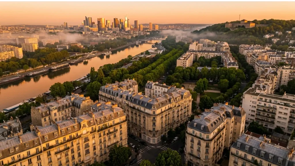 Vue aérienne de Suresnes avec La Défense en arrière-plan et la Seine au premier plan